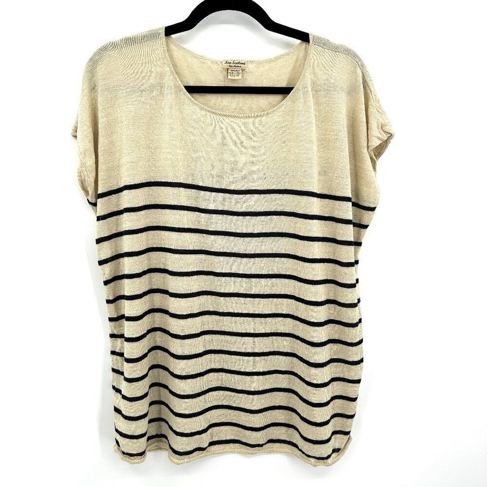 NEW SCOTLAND Cream Black Striped 100% Linen Boxy Lightweight Shirt Size Medium